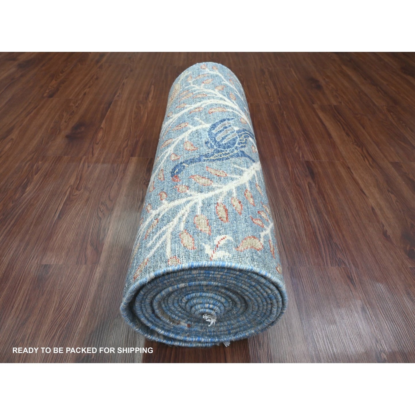 2'6"X25'7" Blue Afghan Peshawar Birds Design Hand Knotted Wool Runner Rug