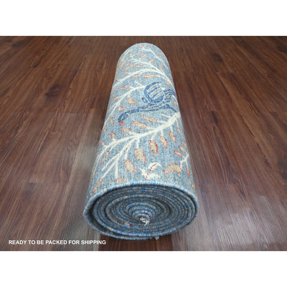 2'6"X25'7" Blue Afghan Peshawar Birds Design Hand Knotted Wool Runner Rug