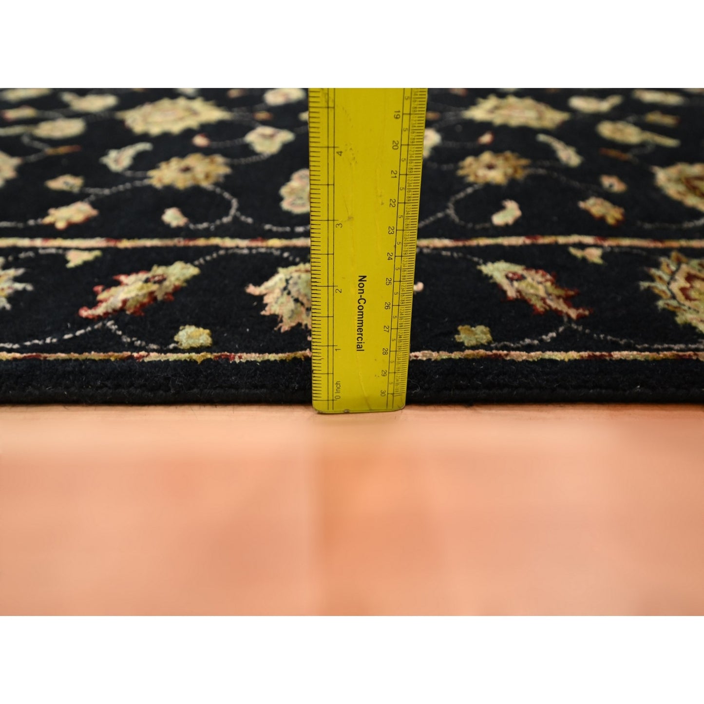 2'7"X12'3" Black Hand Knotted Wool-Silk Rajasthan Leaf Design Runner Rug