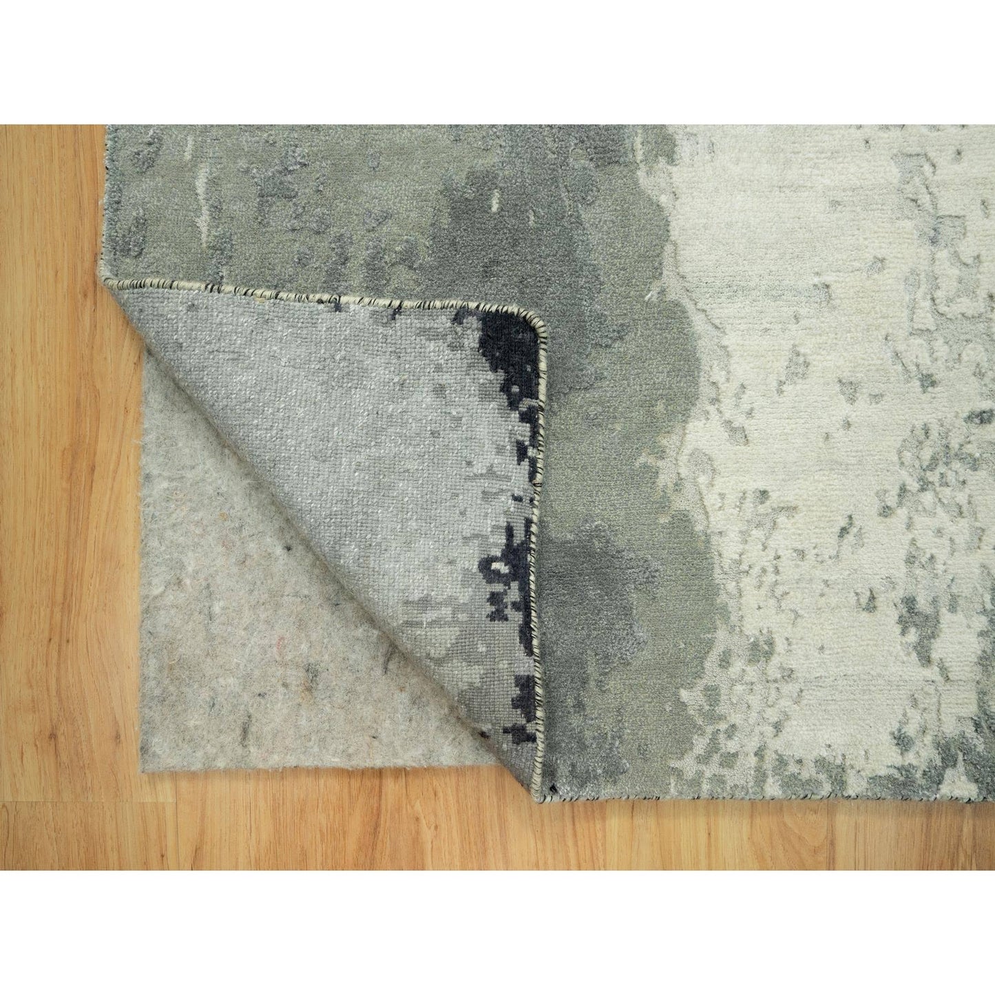 4'2X12' Iridium Black Hand Knotted Abstract Wool And Silk Wide Runner Rug