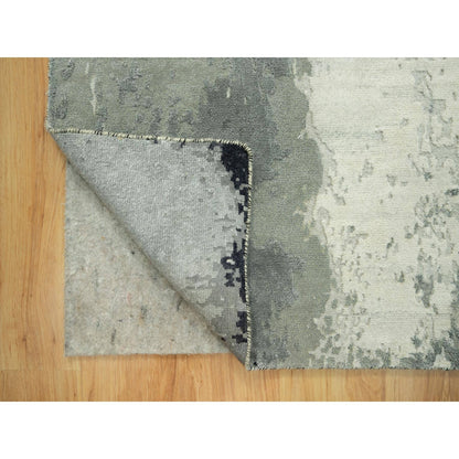 4'2X12' Iridium Black Hand Knotted Abstract Wool And Silk Wide Runner Rug