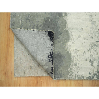 4'2X12' Iridium Black Hand Knotted Abstract Wool And Silk Wide Runner Rug