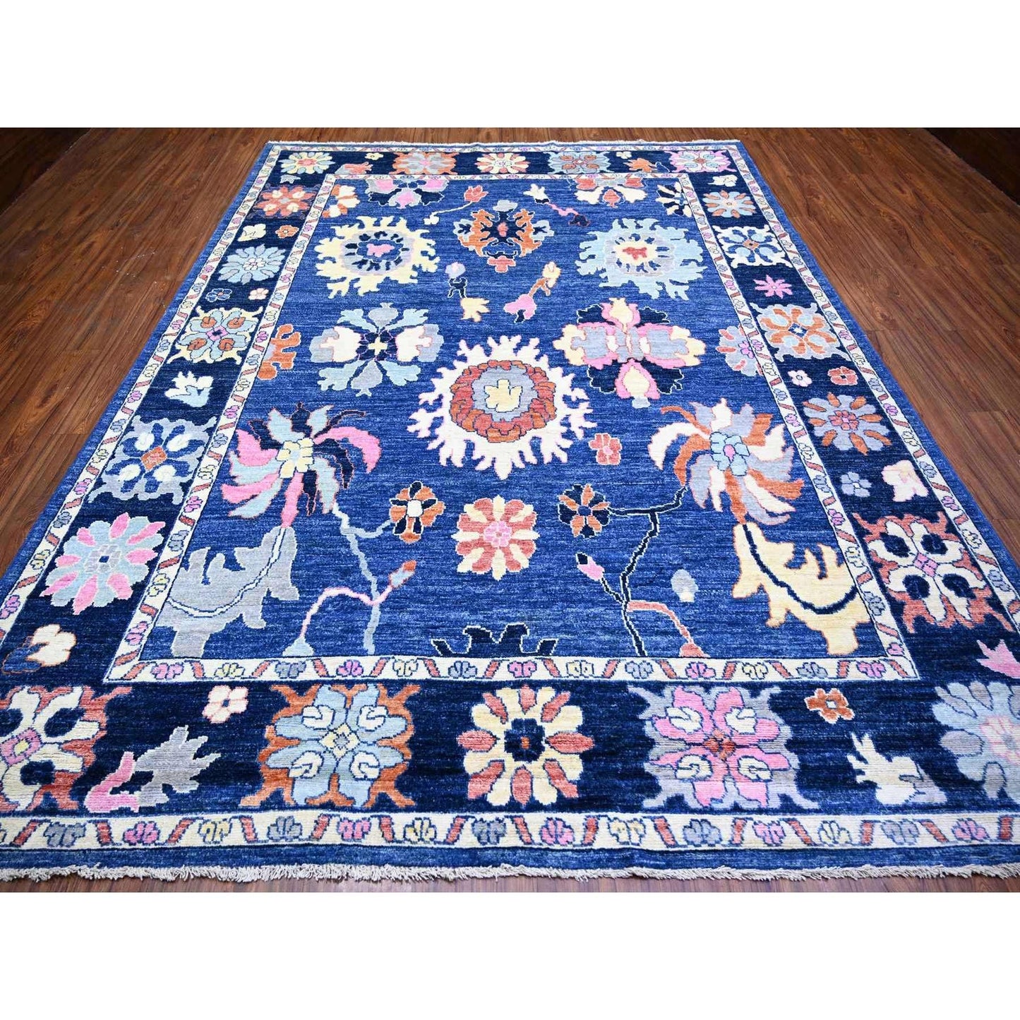 9'X11'7" Sapphire Blue Hand Knotted Afghan Angora Oushak Soft Wool Rug