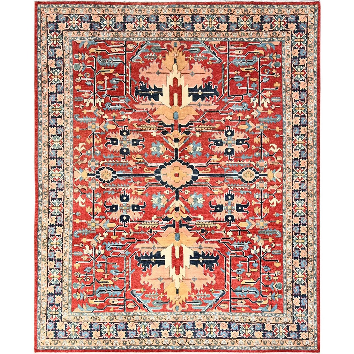 7'10"X9'7" Red Afghan Peshawar Heris All Over Design Hand Knotted Wool Rug