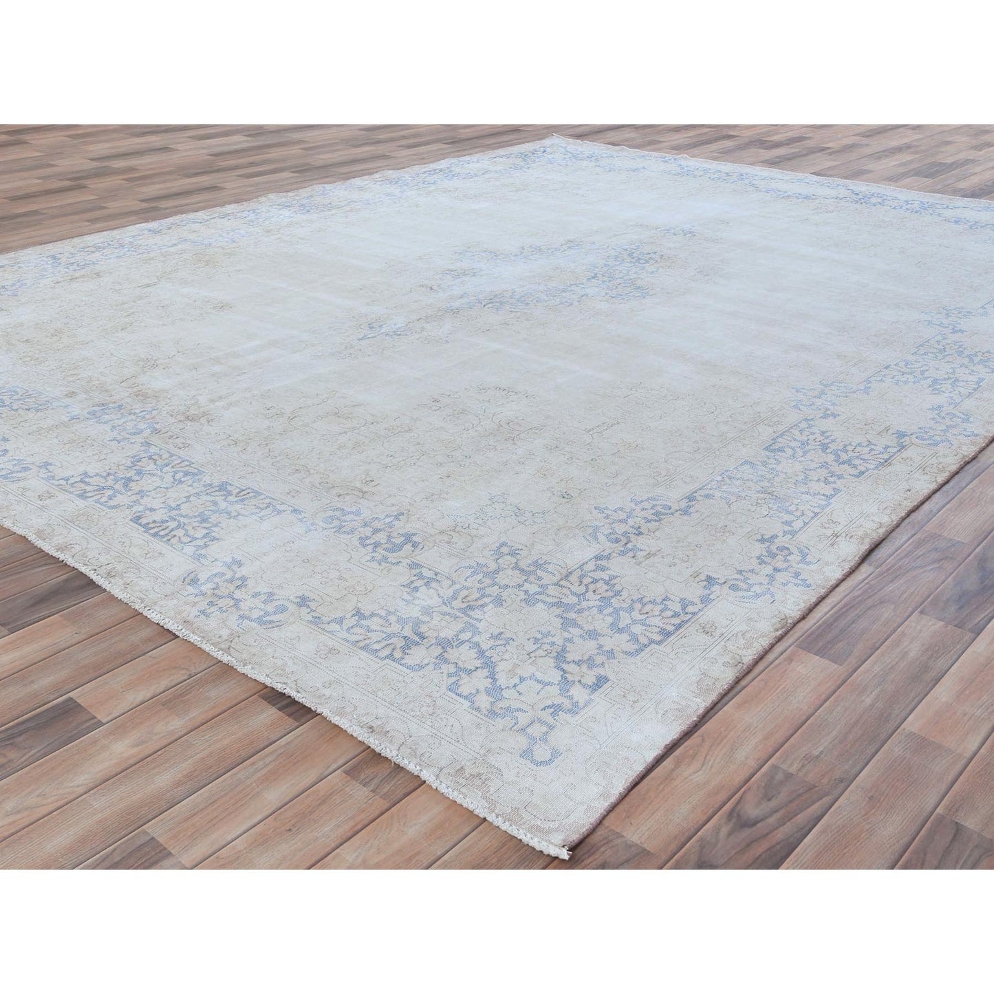 9'7"X12'9" Blue Hand Knotted Worn Wool Distressed Look Old Farsian Rug
