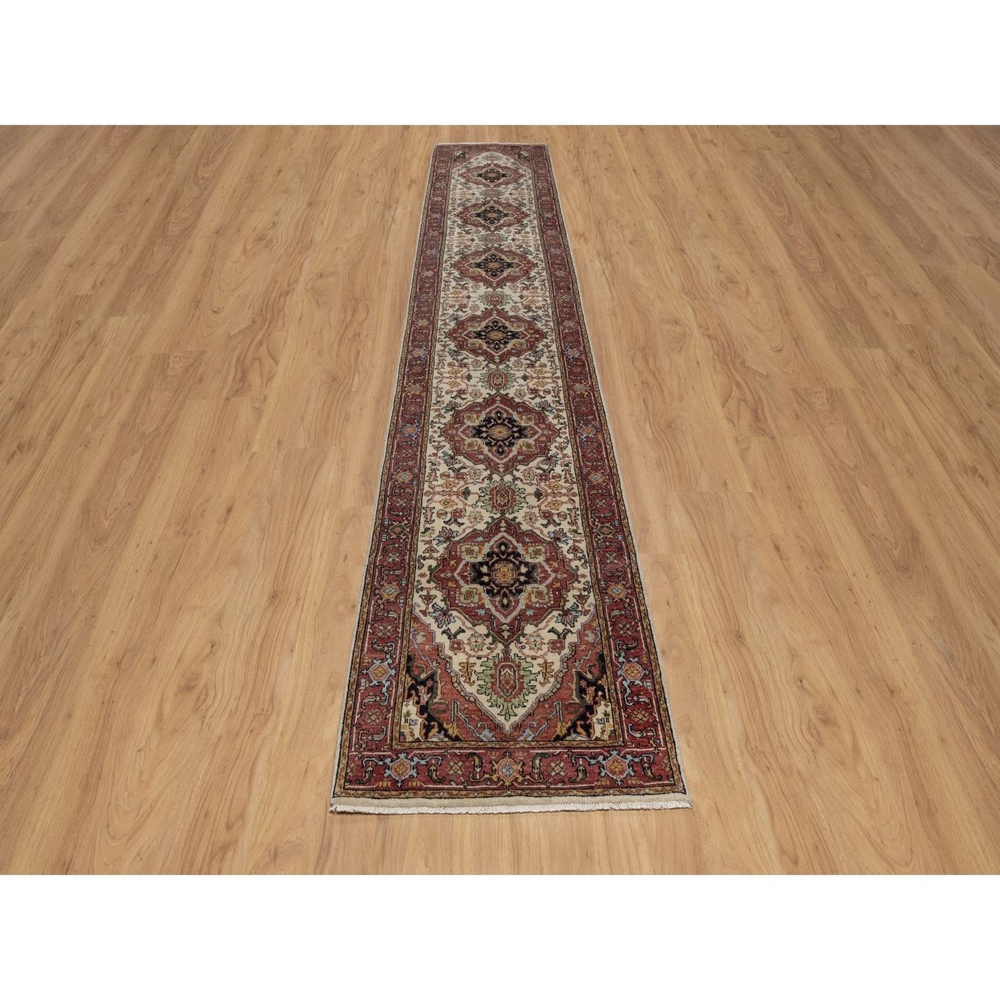 2'6"X14'2" Ivory Rug Antiqued Heris Re-Creation Hand Knotted Wool Runner