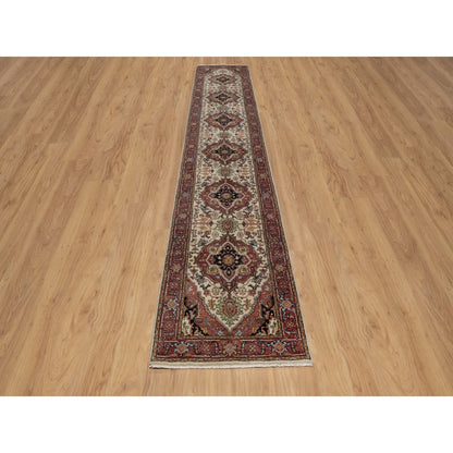 2'6"X14'2" Ivory Rug Antiqued Heris Re-Creation Hand Knotted Wool Runner