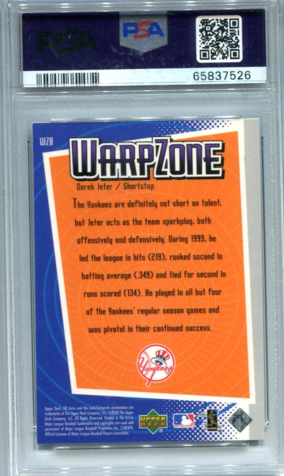 Derek Jeter 2000 Upper Deck Ionix Warpzone #Wz8 Psa Mint 9 Card