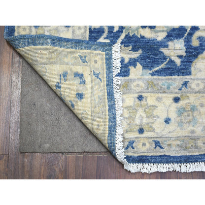 4'X10'3" Denim Blue Hand Knotted Fine Peshawar Wool Wide Runner Rug