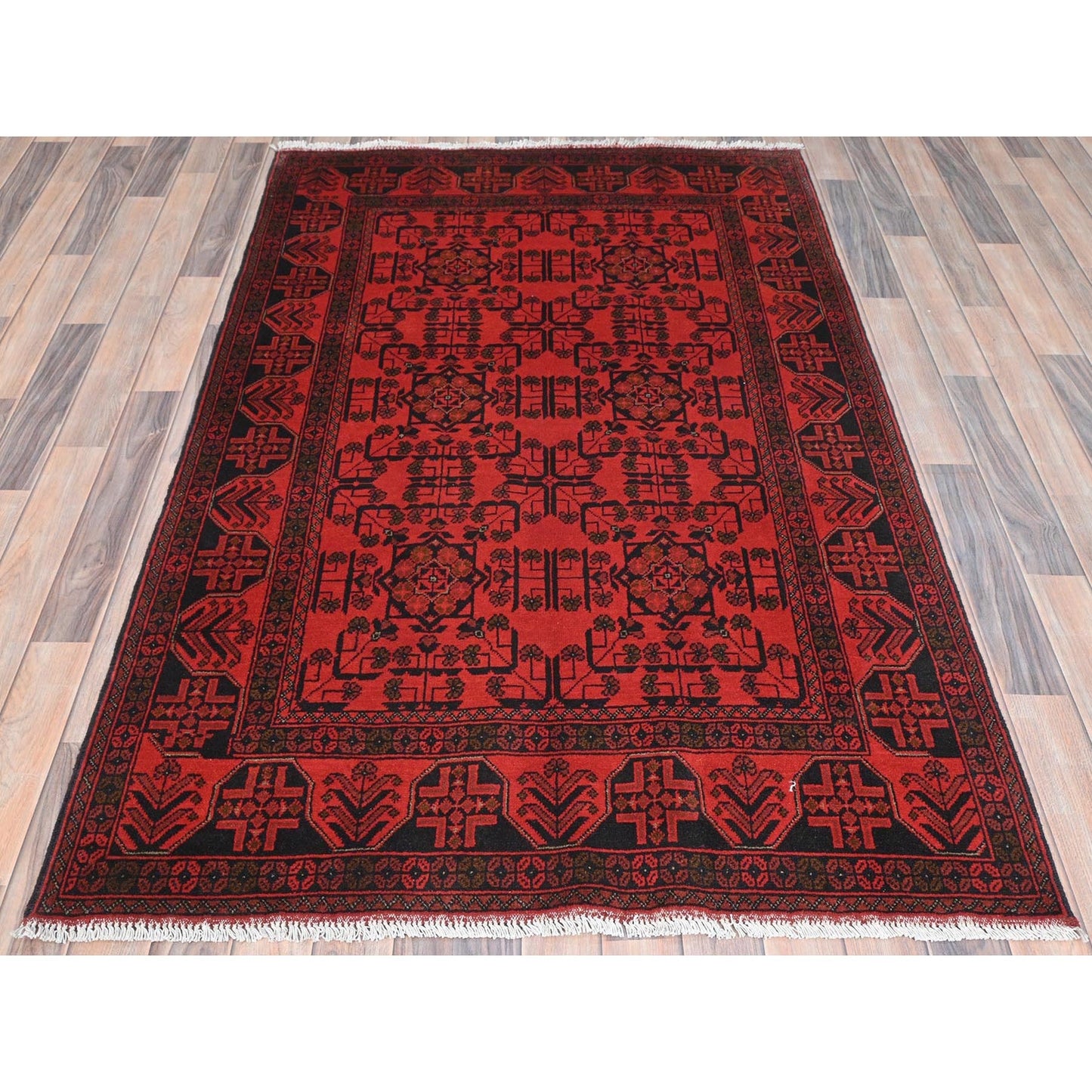 4'2"X6'5" Red Afghan Andkhoy Wool Hand Knotted Oriental Rug