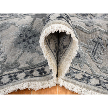 9'X12' Ash Grey Heriz Design Wool And Silk Hand Knotted Oriental Rug