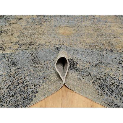 10'X14' Brown Broken And Erased Hand Knotted Silk And Wool Oriental Rug