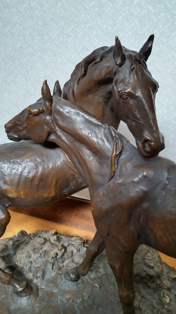 Pierre-Jules Mne "Deux Chevaux" Original Bronze Horse Sculpture 42Cm Signed