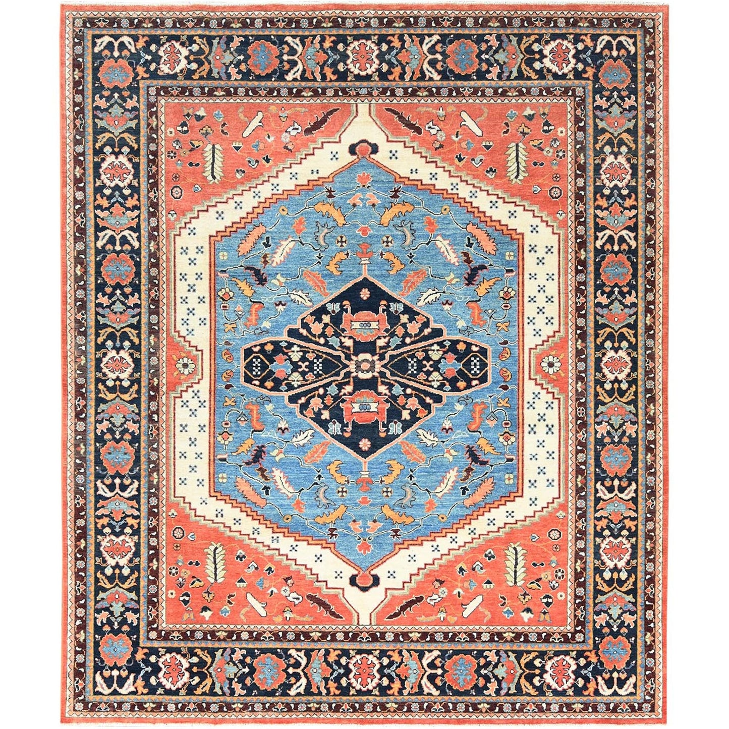 8'X9'6" Coral Orange Afghan Peshawar Heris Wool Hand Knotted Rug