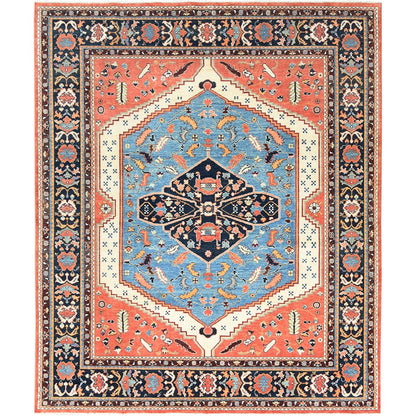8'X9'6" Coral Orange Afghan Peshawar Heris Wool Hand Knotted Rug
