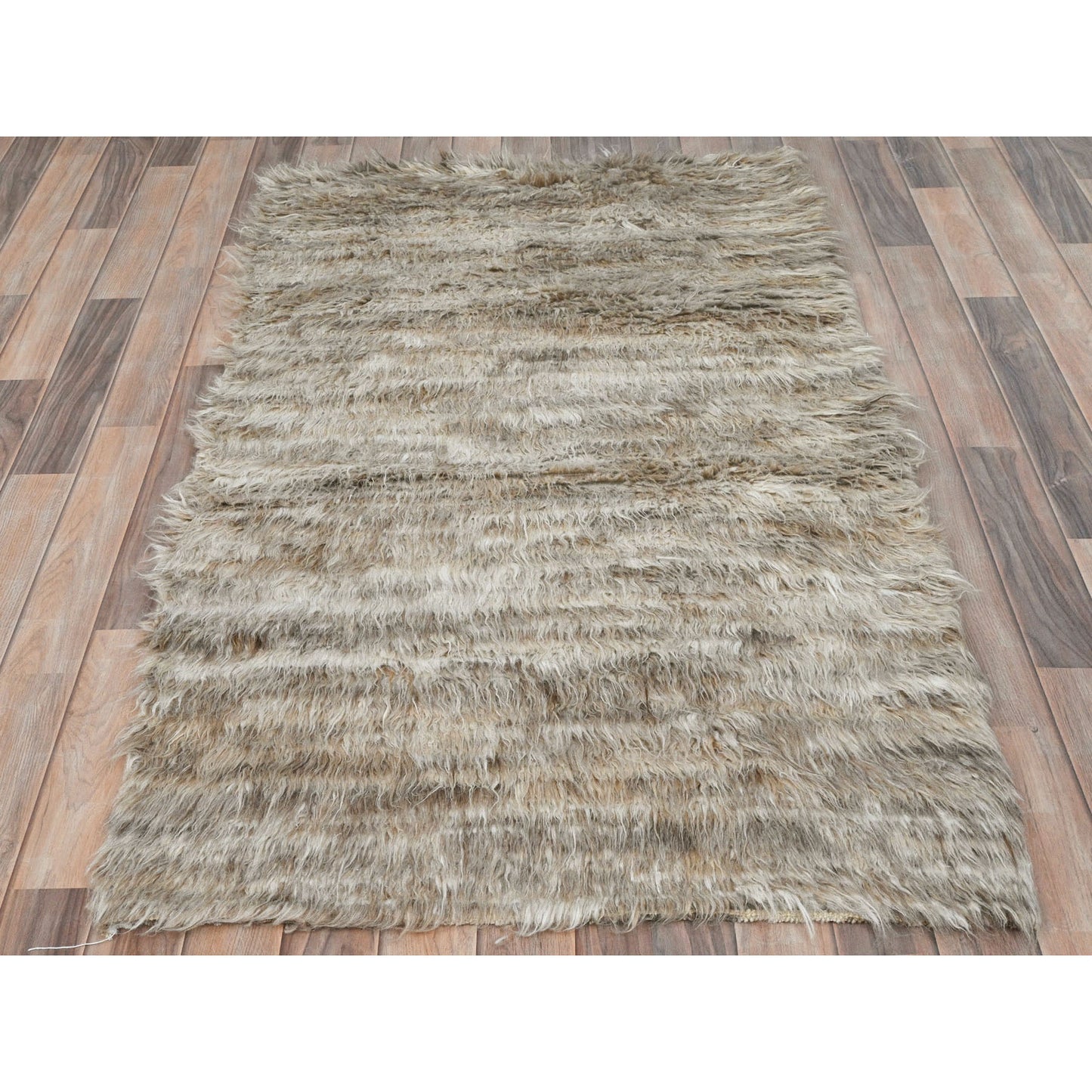 3'2"X5'6" Beige Hand Knotted Shaggy Moroccan Undyed Natural Wool Rug