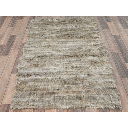 3'2"X5'6" Beige Hand Knotted Shaggy Moroccan Undyed Natural Wool Rug