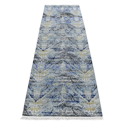 2'7"X8'3" Blue Broken And Erased Silk With Wool Hand Knotted Runner Rug