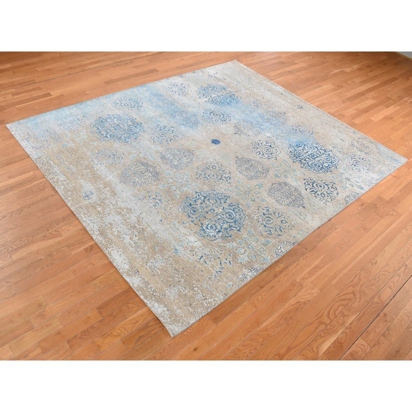 8'1"X9'9" Tan Color Wool And Silk Ottoman Design Hand Knotted Modern Rug