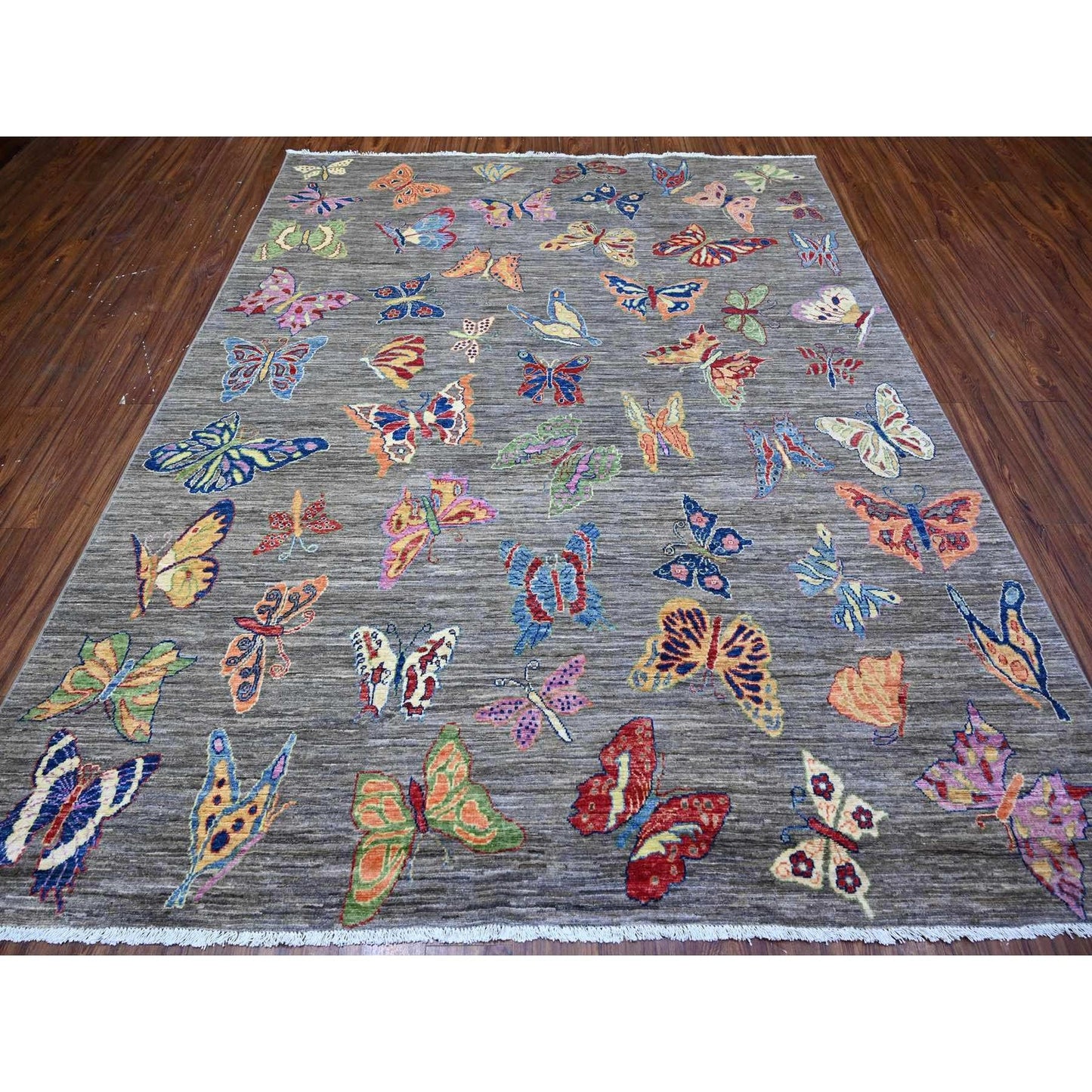 7'8"X9'7" Shark Gray Wool Colorful Hand Knotted Oriental Novelty Rug