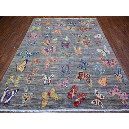 7'8"X9'7" Shark Gray Wool Colorful Hand Knotted Oriental Novelty Rug