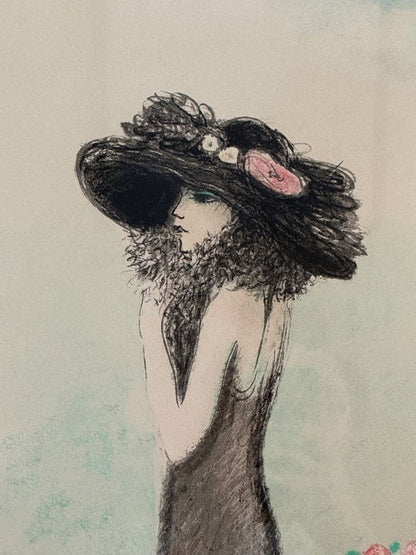 Lady on Flowering Terrace Lithograph Signed Jean Pierre Cassigneul