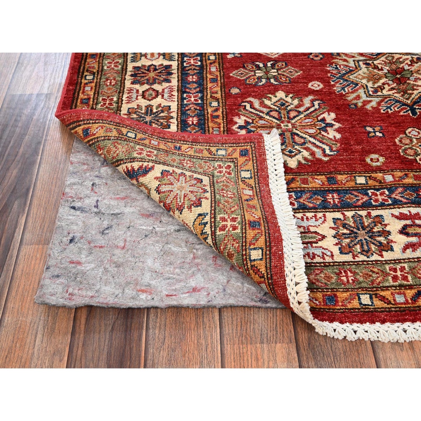 4'3"x6' Red Afghan Super Kazak Medallions Design Hand Knotted Wool Rug