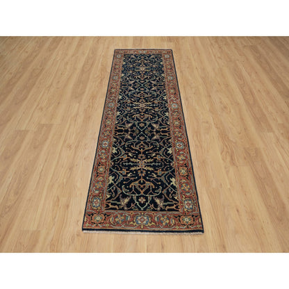 2'6"X8'1" Blue Organic Wool Antiqued Fine Heris Hand Knotted Runner Rug