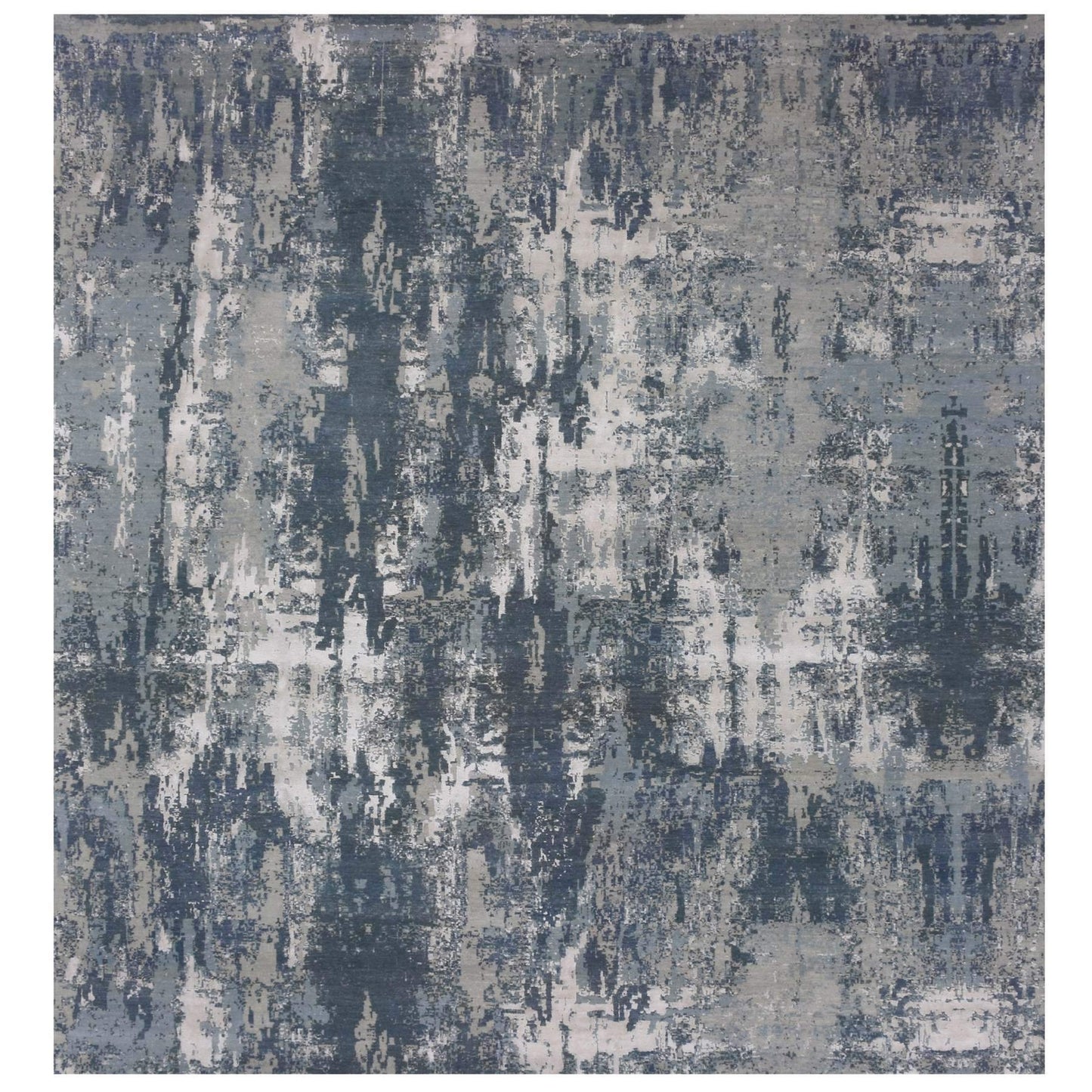 12'X12' Grotto Blue Abstract Design Silk And Wool Hand Knotted Square Rug
