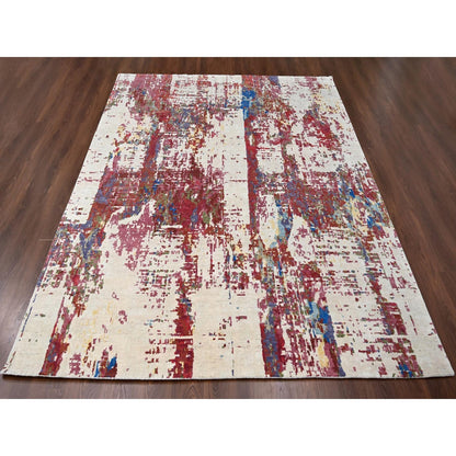 9'3"X12'2" Accessible Beige Pure Wool Abstract Design Hand Knotted Rug