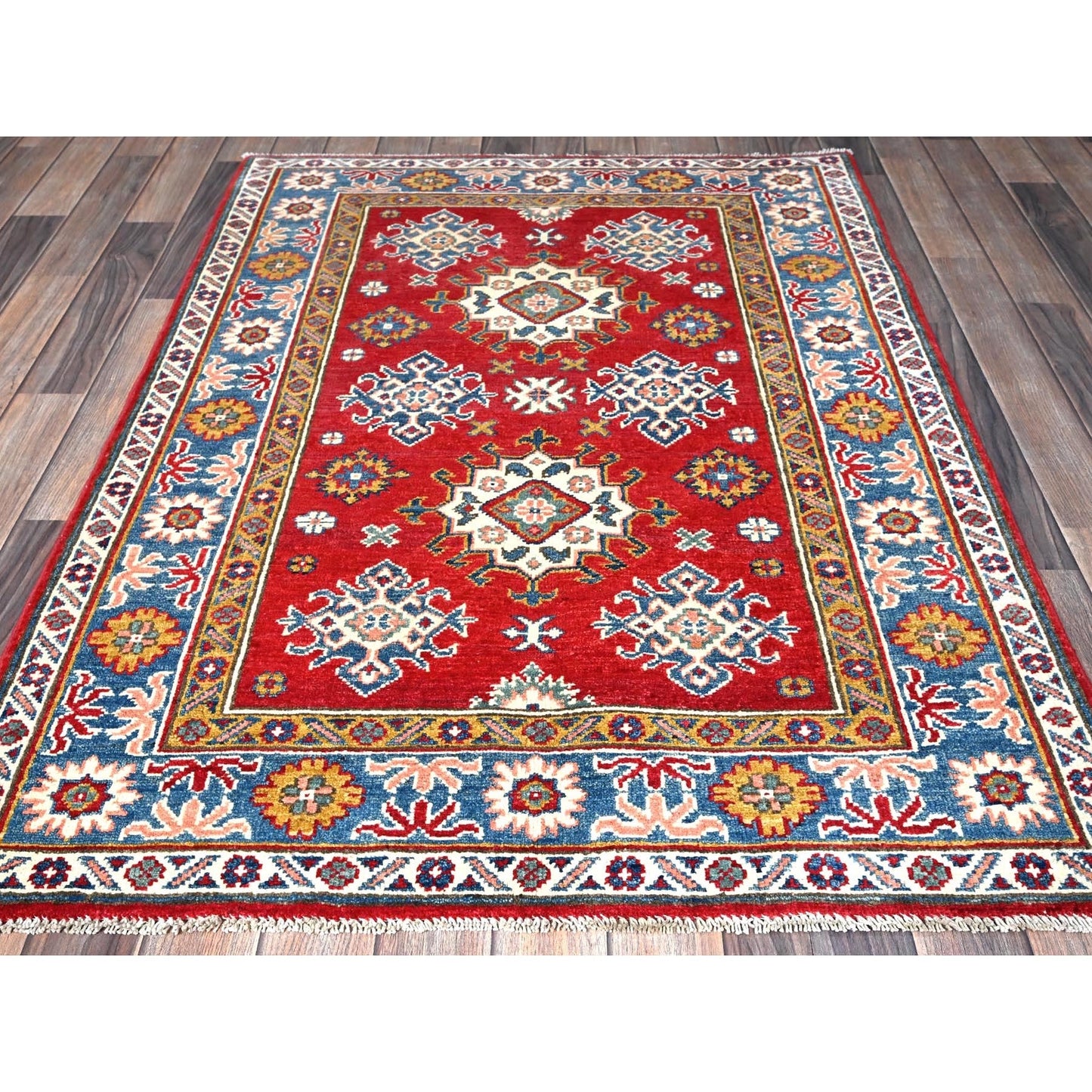 3'8"X4'10" Crimson Red Kazak With Tribal Motifs Hand Knotted Soft Wool Rug
