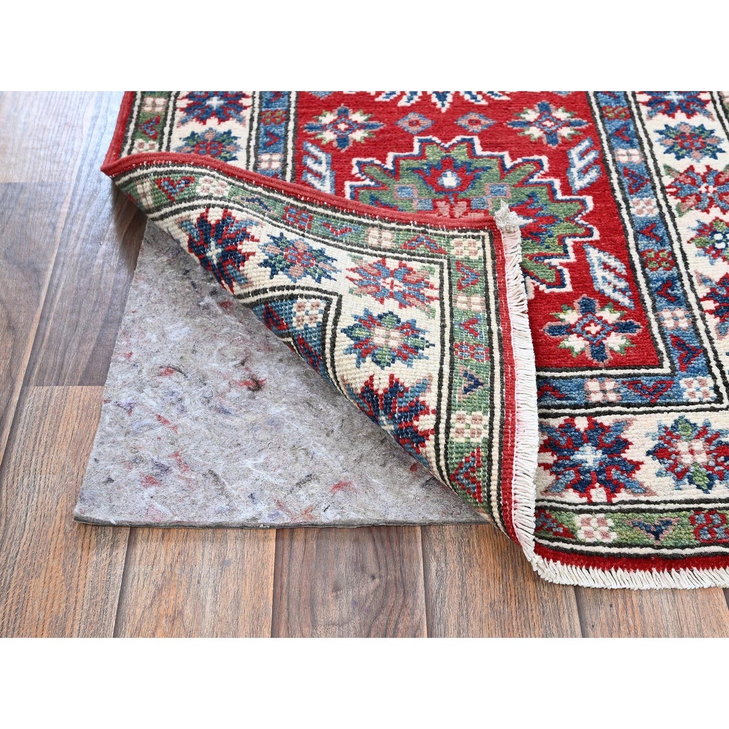 2'1"X6' Red Kazak With Tribal Design Hand Knotted Soft Wool Runner Rug