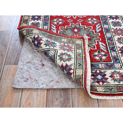 2'1"X6' Red Kazak With Tribal Design Hand Knotted Soft Wool Runner Rug
