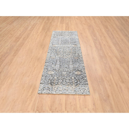 2'7"x8'3" Silver, Willow and Cypress, Silk/ Wool Hand Knotted, Runner Rug