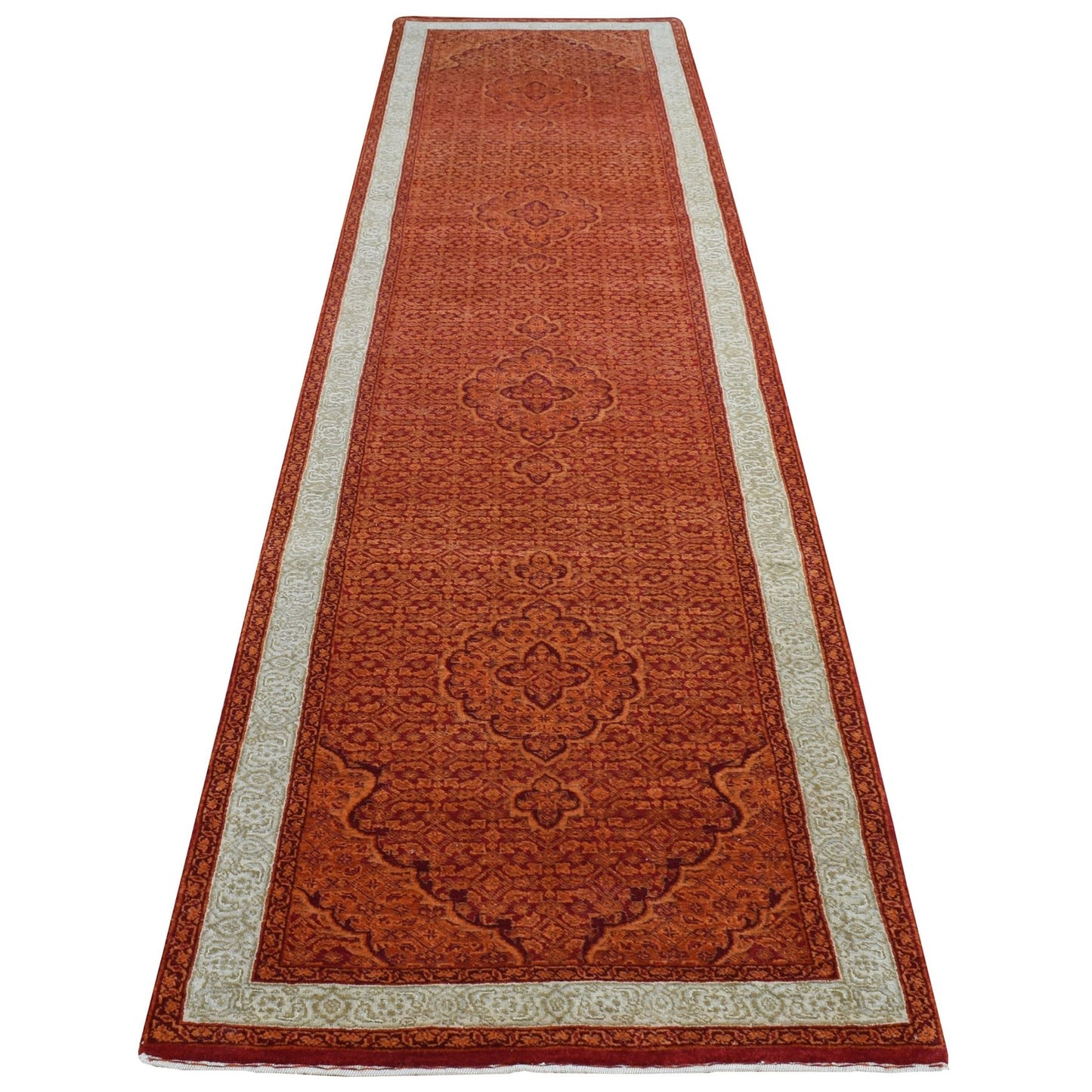 2'9"X11'10" Orange Tebraz Mahi Wool Dense Weave Hand Knotted Runner Rug