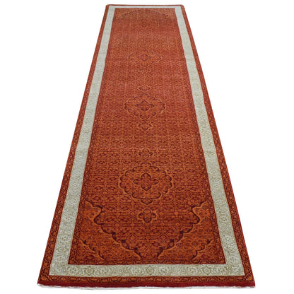 2'9"X11'10" Orange Tebraz Mahi Wool Dense Weave Hand Knotted Runner Rug