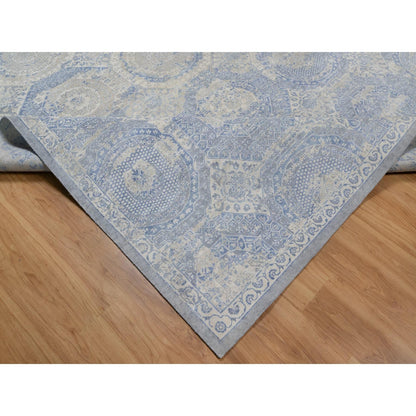 9'X11'9" Ivory-Blue Pure Natural Linen Mamluk Design Hand Knotted Rug