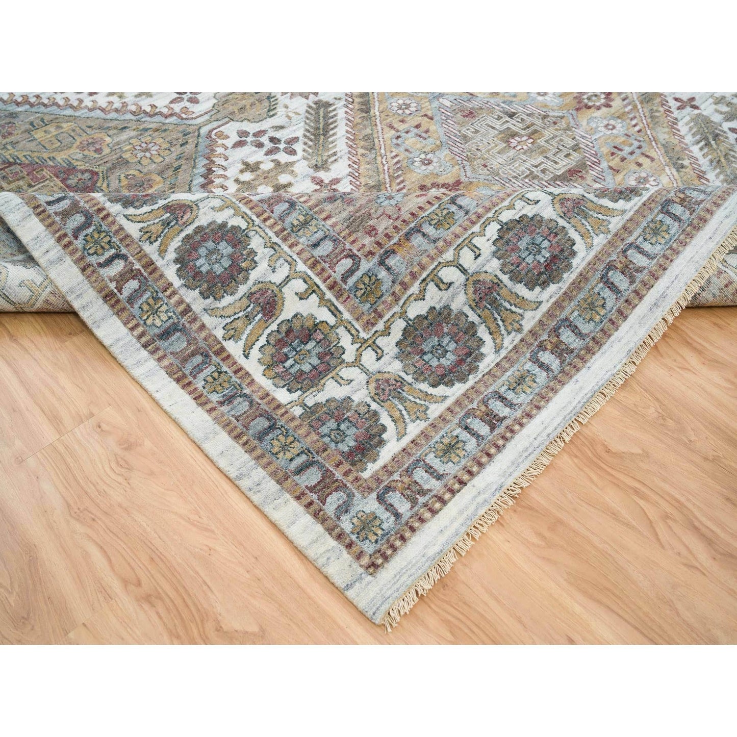 12'X17'10" Ivory Hand Knotted Rosettes Border Wool Oversize Oriental Rug