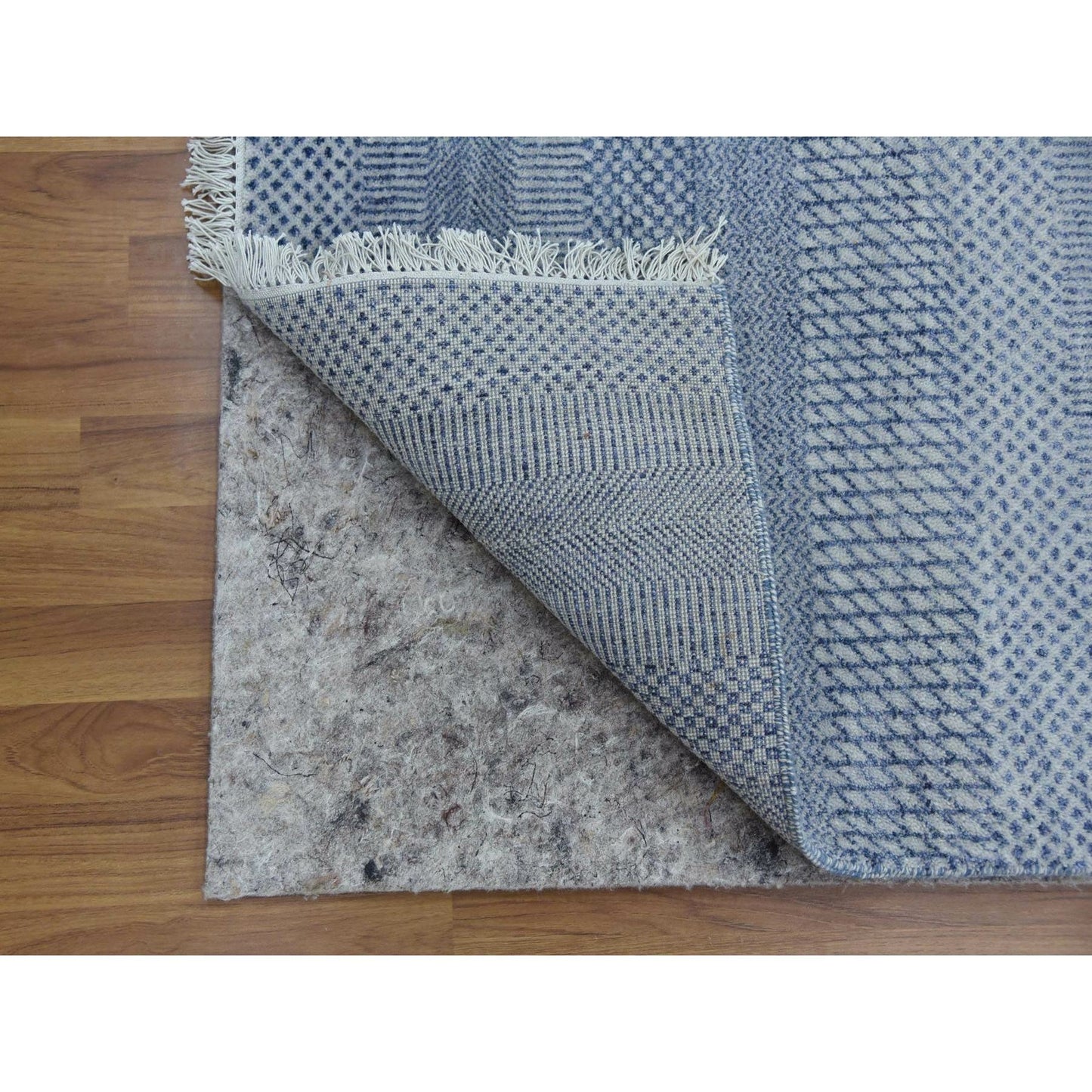 2'6"X10' Blue Hand Knotted Modern Grass Design Wool And Silk Runner Rug