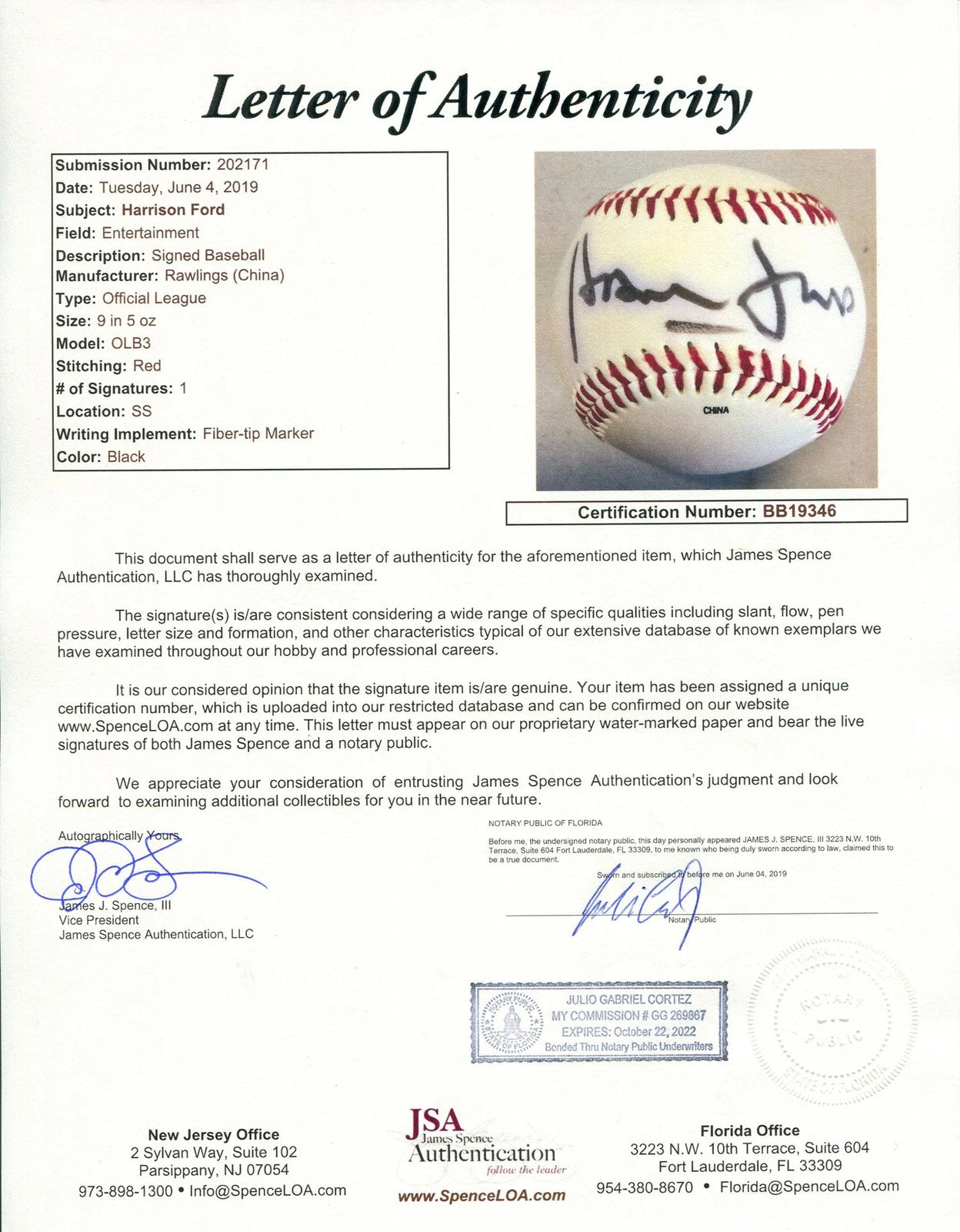 Harrison Ford Signed Official League Baseball (Jsa)
