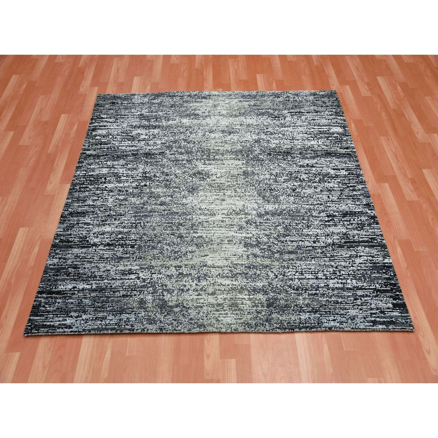 6'1"X6'1" Black Wool/Silk Hand Knotted Striae Design Square Oriental Rug