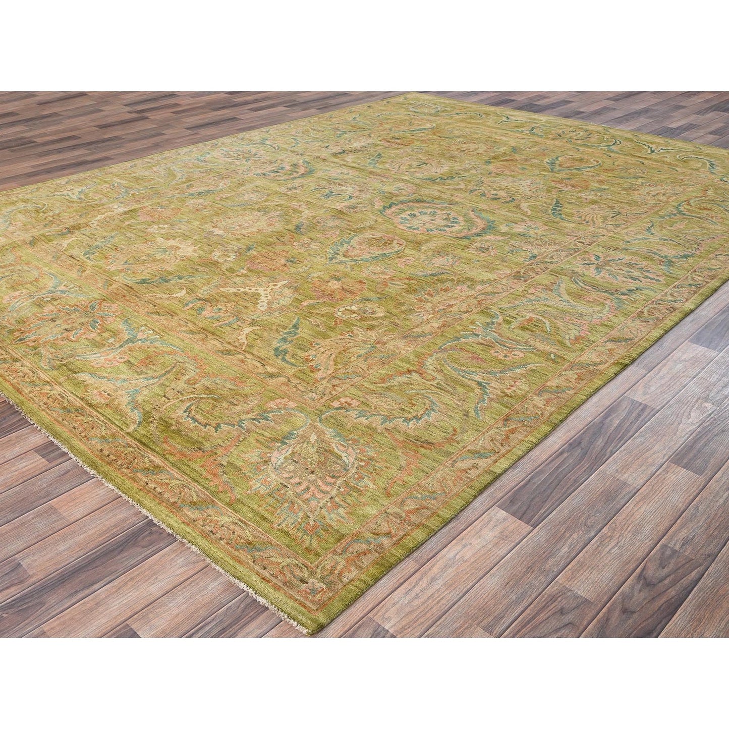 8'10"X12'1" Chino Green Vintage Rajasthan 100% Wool Hand Knotted Rug