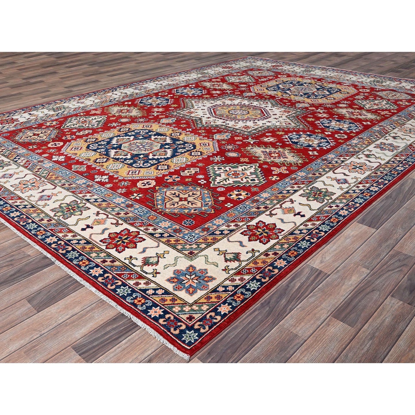 9'X12'4" Rufous Red Kazak Large Medallions Wool Hand Knotted Oriental Rug