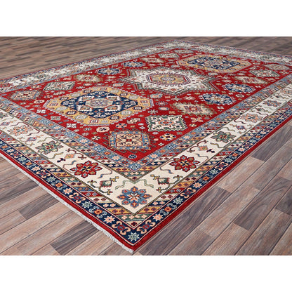 9'X12'4" Rufous Red Kazak Large Medallions Wool Hand Knotted Oriental Rug