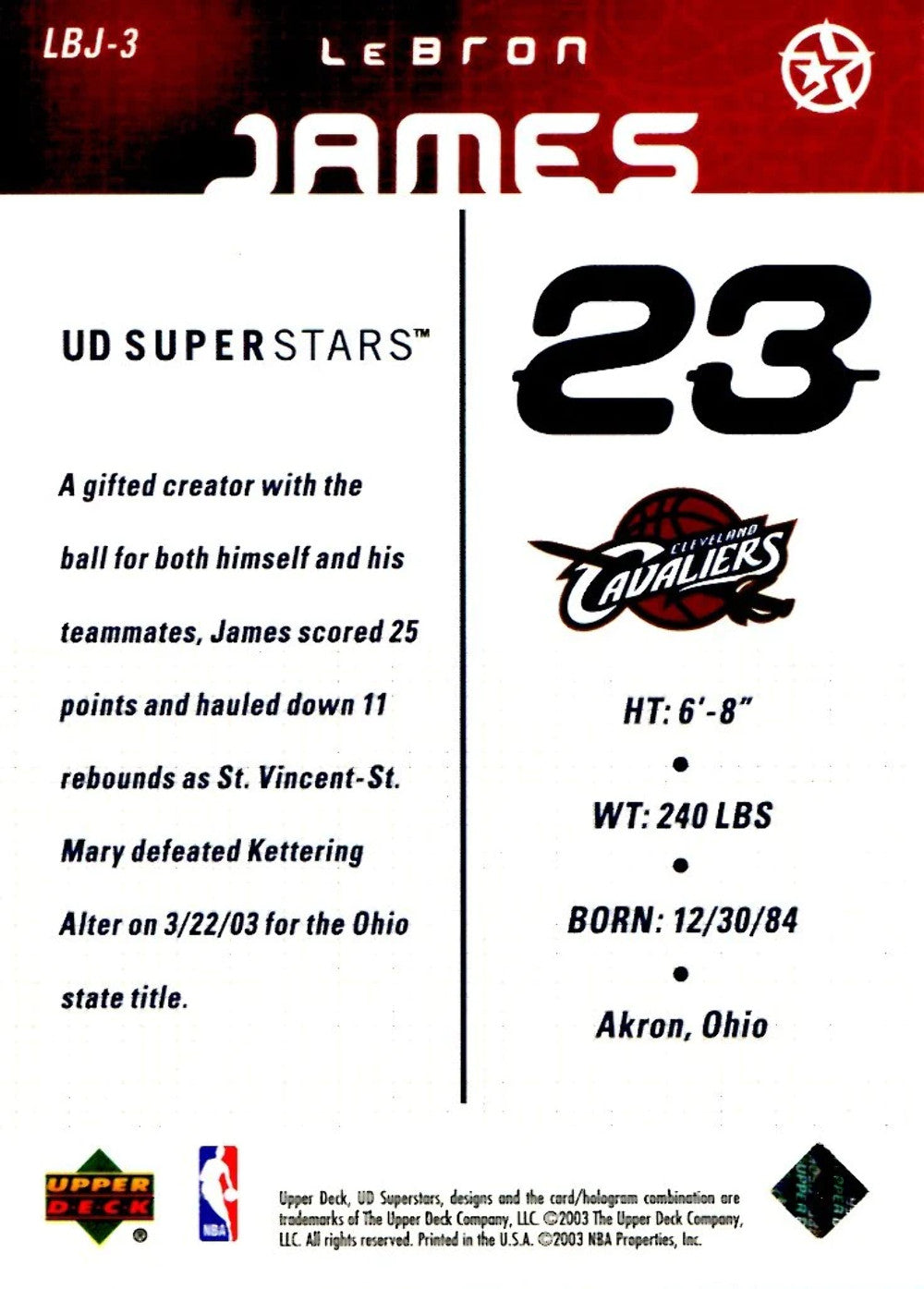 Lebron James 2003 Upper Deck Superstars #Lbj-3 Card