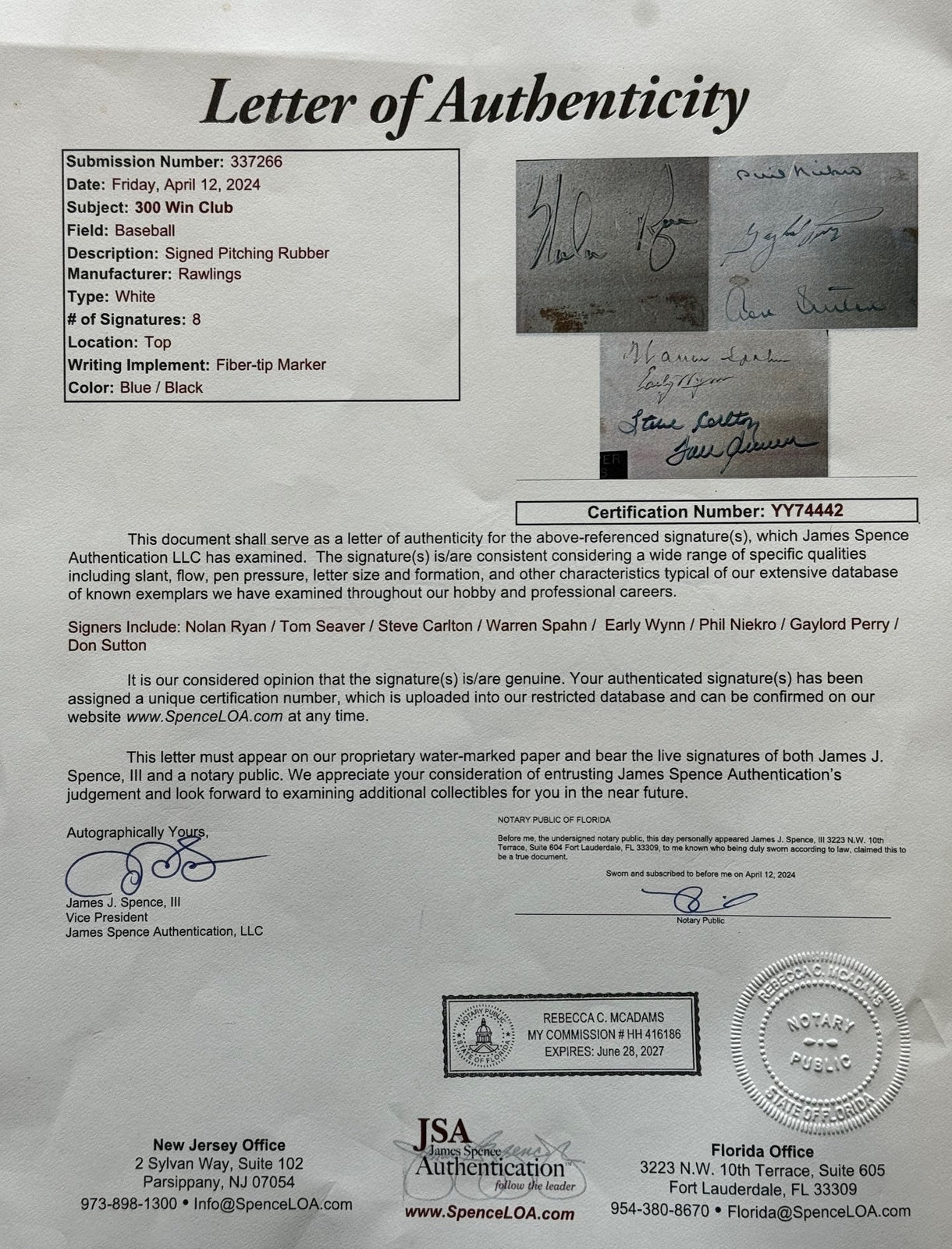 300 Win Club Autographed Pitching Rubber (Jsa)