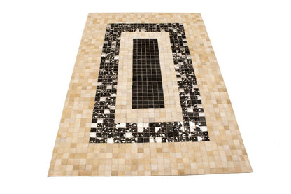 Hand-Stitched Black Beige Cowhide Leather Rug 4X6