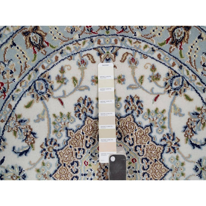 3'3"X3'3" Ivory Wool And Silk Nain Flower Design Hand Knotted Round Rug