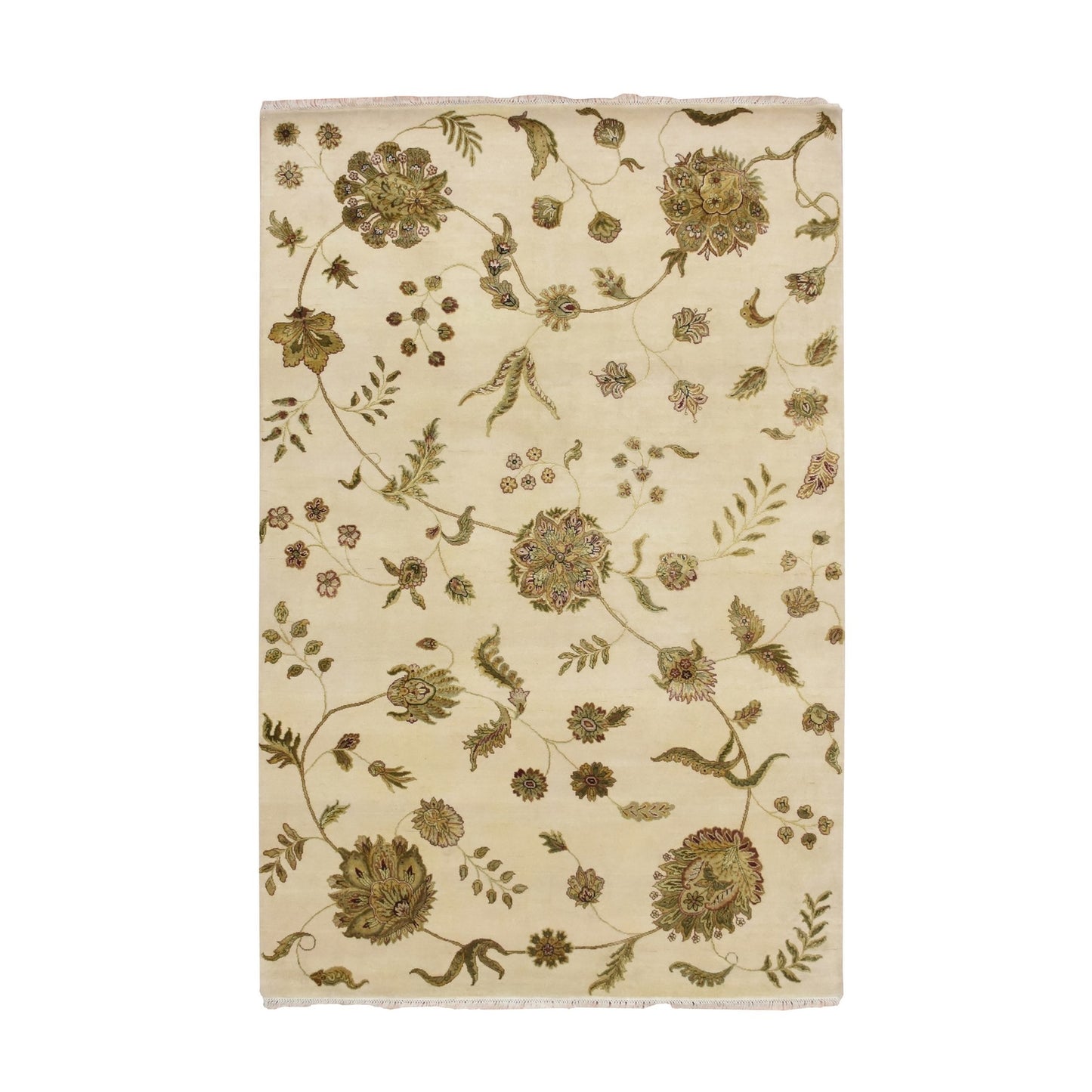 6'X9' Bone White Hand Knotted Botanical Design Wool And Silk Oriental Rug