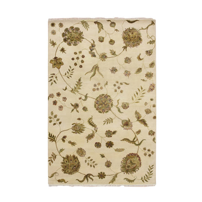 6'X9' Bone White Hand Knotted Botanical Design Wool And Silk Oriental Rug